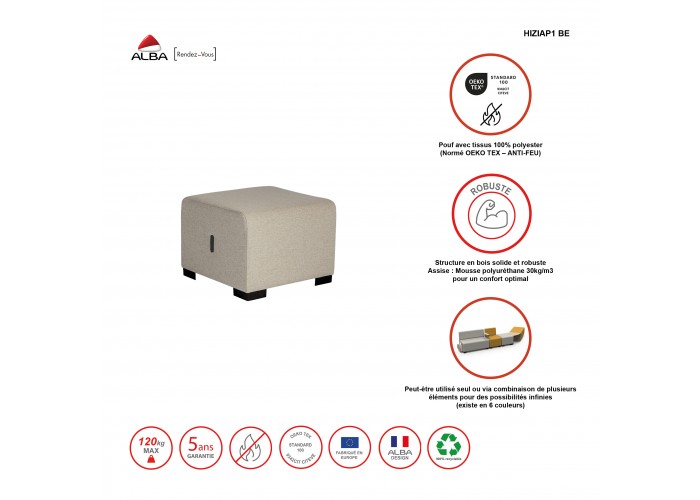 Pouf 1 place Jaune Safran - HIZIA