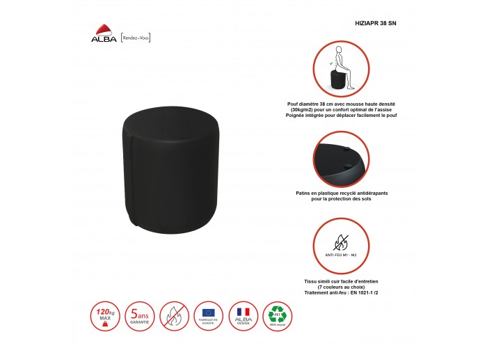 Pouf rond 38 cm - Noir Similicuir