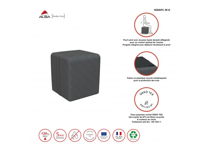 Pouf carré 38 cm - Bleu Denim Polyester